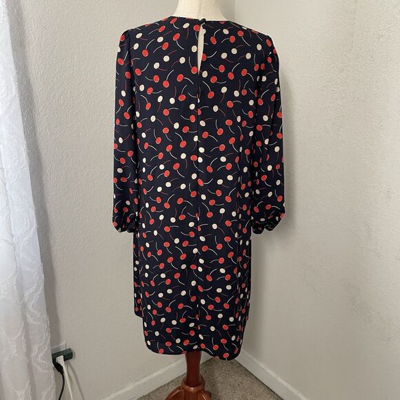 Ann Taylor Womens Large Cherry Print Shift Dress Long Sleeve Knee Length Blue - Picture 3 of 10